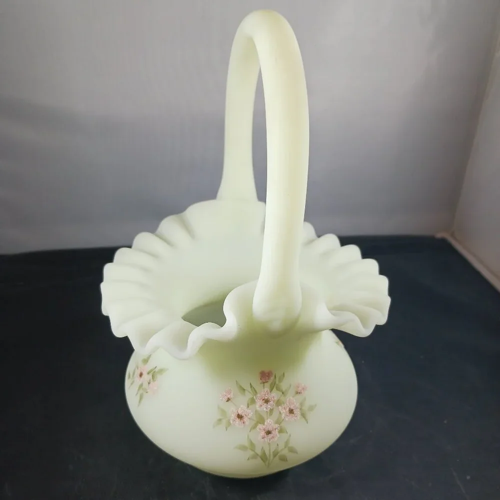Fenton Custard Handled Basket With Floral Handpainted Design Signed
